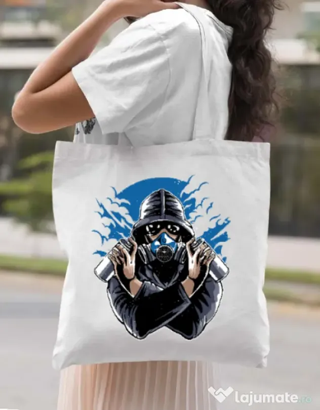 Sacosa din panza Graffiti gas mask Alb