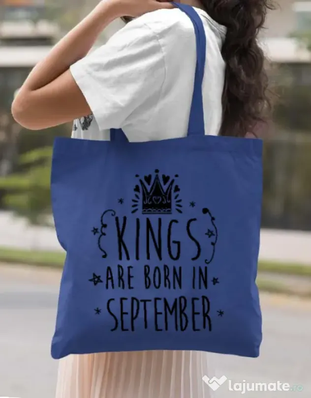Sacosa din panza Kings are born in September Albastru regal