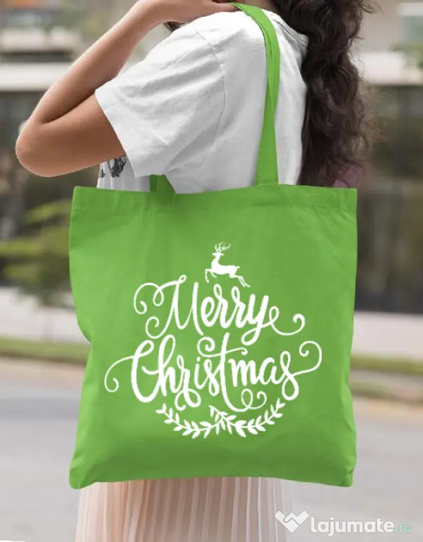 Sacosa din panza Merry Christmas Verde mar