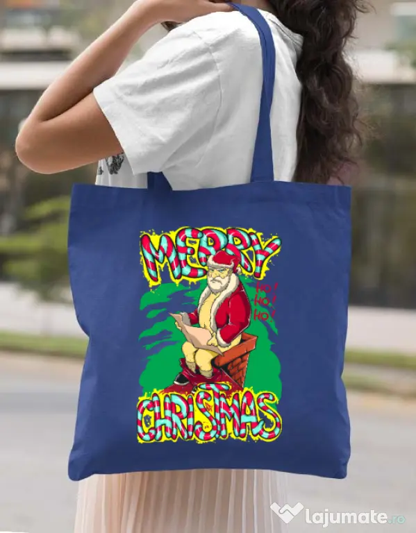 Sacosa din panza Naughty Santa Albastru regal