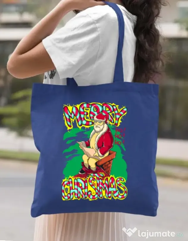 Sacosa din panza Naughty Santa Albastru regal