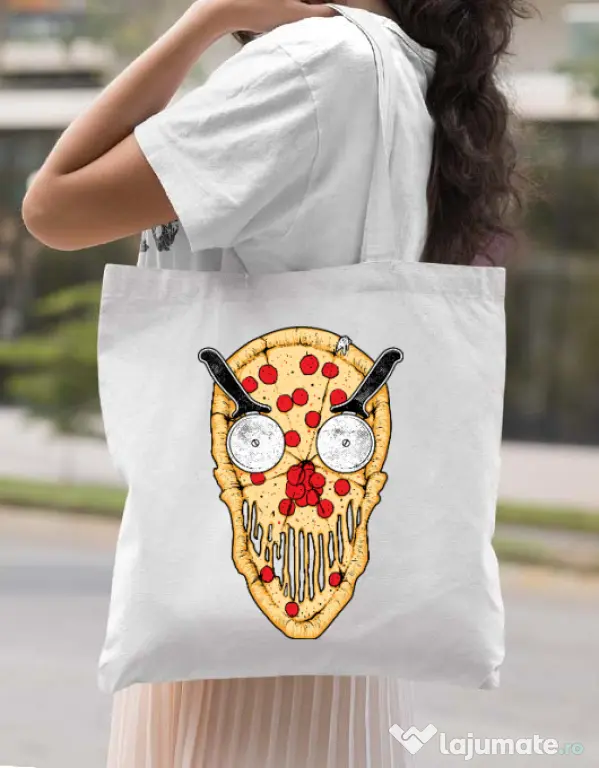 Sacosa din panza Pizza skull Alb