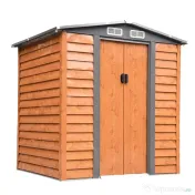 Magazie de grădină robuste din oțel cu uși glisante, efect lemn, 197,5 x 160 x 178‑201 cm – depozitare unelte & scule