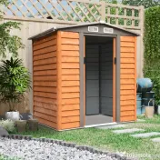 Magazie de grădină robuste din oțel cu uși glisante, efect lemn, 197,5 x 160 x 178‑201 cm – depozitare unelte & scule