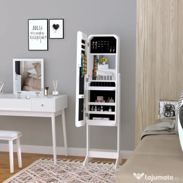 HOMCOM Cutie pentru Bijuterii cu Oglindă și Iluminare LED, Design Elegant, Alb, 30x146x36 cm | Aosom Romania