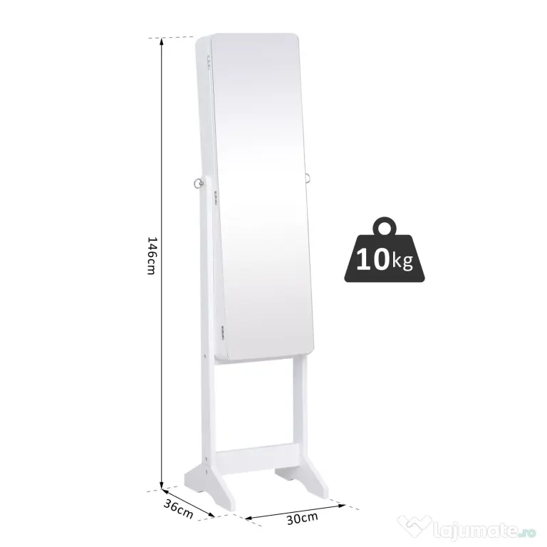 HOMCOM Cutie pentru Bijuterii cu Oglindă și Iluminare LED, Design Elegant, Alb, 30x146x36 cm | Aosom Romania