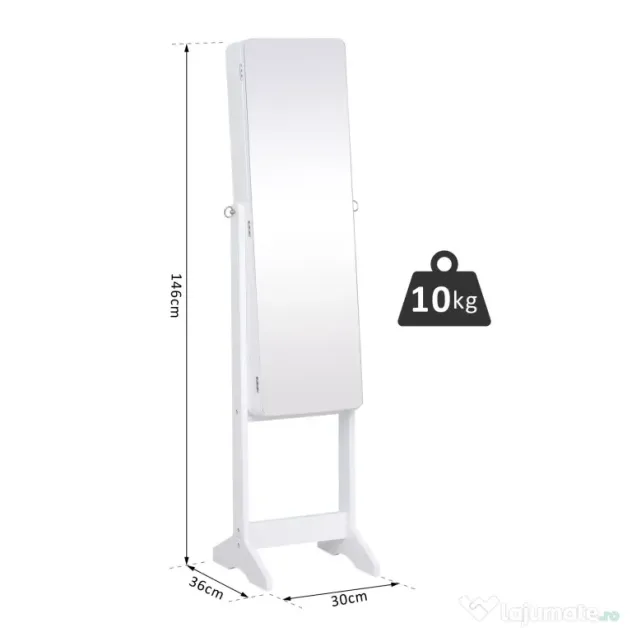 HOMCOM Cutie pentru Bijuterii cu Oglindă și Iluminare LED, Design Elegant, Alb, 30x146x36 cm | Aosom Romania
