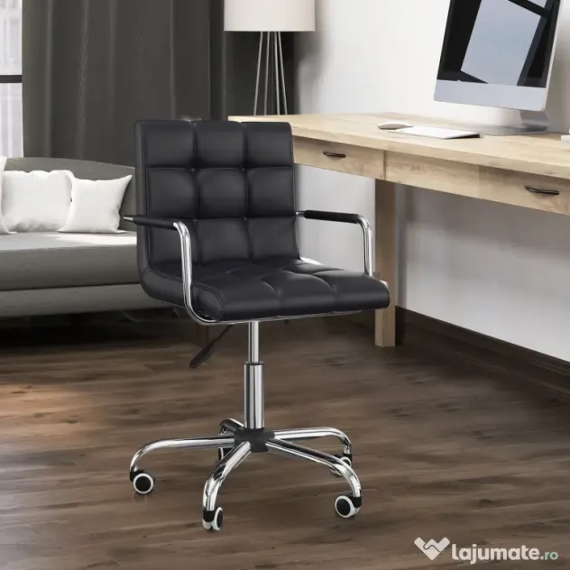 Scaun Rotativ HOMCOM cu Brațe din Piele Sintetică, Negru 52.5x54x94cm | Aosom Romania