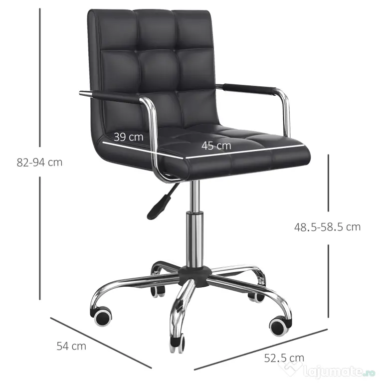 Scaun Rotativ HOMCOM cu Brațe din Piele Sintetică, Negru 52.5x54x94cm | Aosom Romania