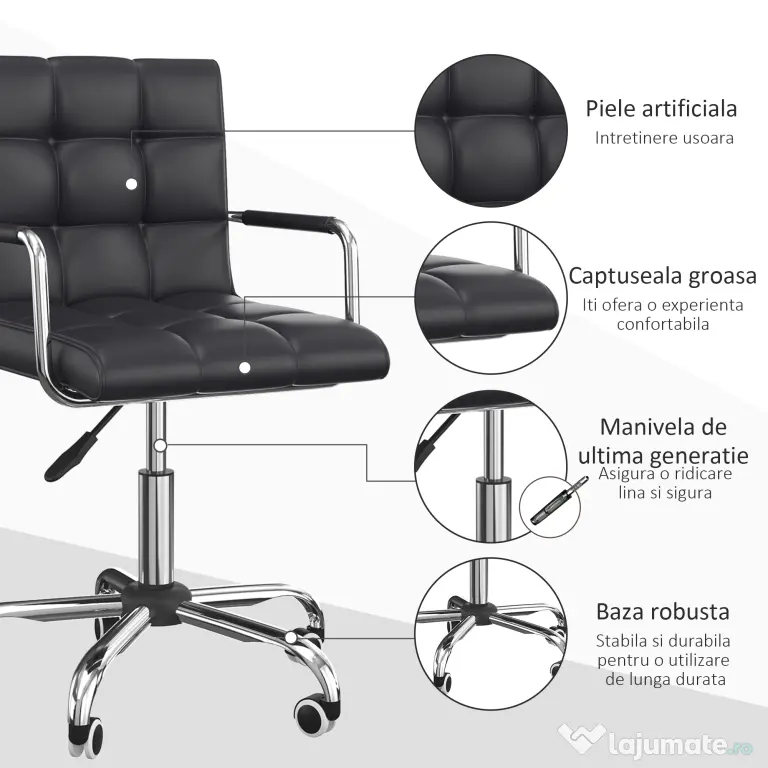 Scaun Rotativ HOMCOM cu Brațe din Piele Sintetică, Negru 52.5x54x94cm | Aosom Romania