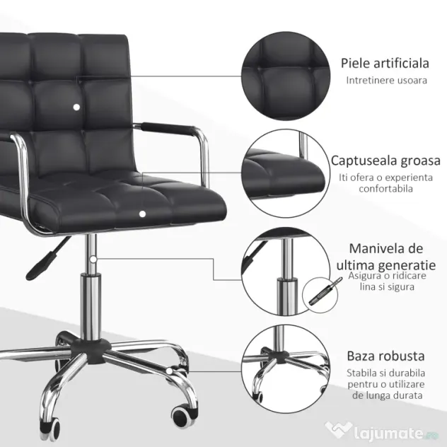 Scaun Rotativ HOMCOM cu Brațe din Piele Sintetică, Negru 52.5x54x94cm | Aosom Romania