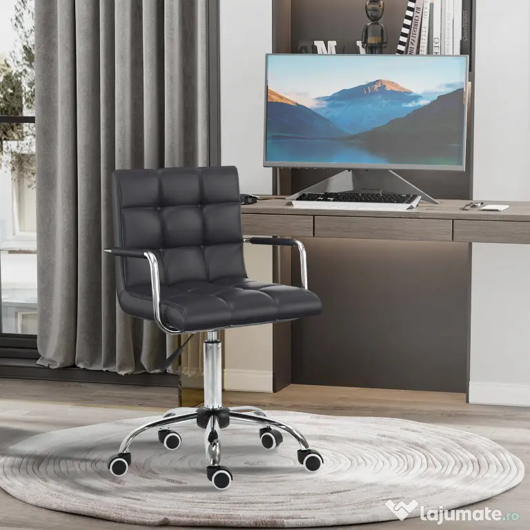 Scaun Rotativ HOMCOM cu Brațe din Piele Sintetică, Negru 52.5x54x94cm | Aosom Romania