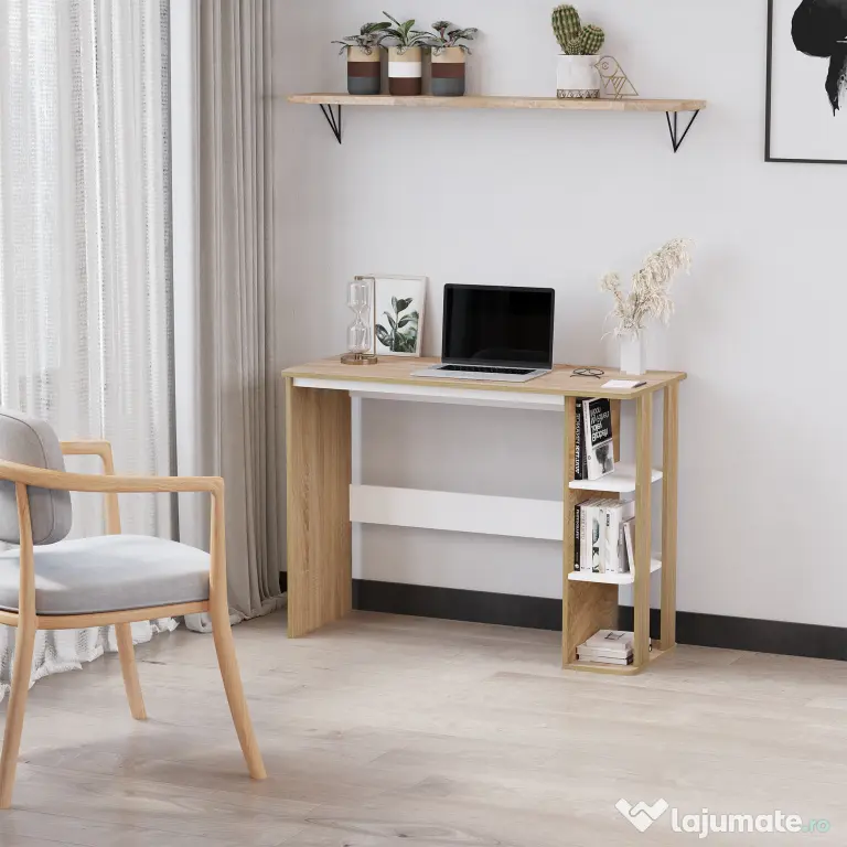 HOMCOM Birou Modern pentru Computer cu Raft cu 3 Etajere, Birou Modern din Lemn, 100x44x74 cm, Natural | Aosom Romania