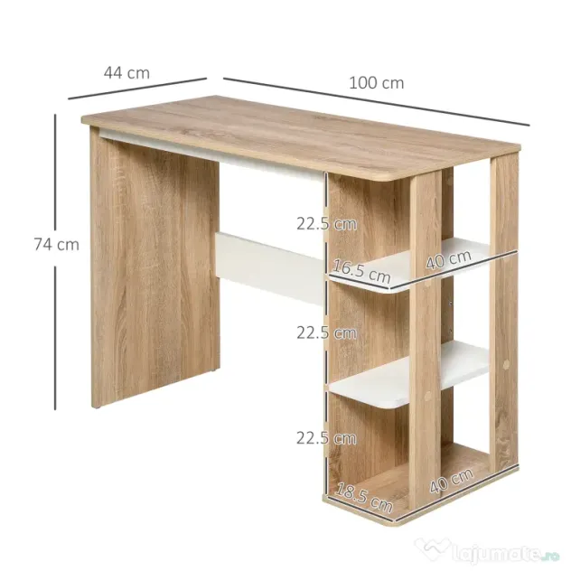 HOMCOM Birou Modern pentru Computer cu Raft cu 3 Etajere, Birou Modern din Lemn, 100x44x74 cm, Natural | Aosom Romania