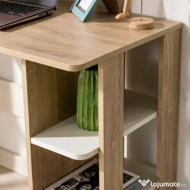 HOMCOM Birou Modern pentru Computer cu Raft cu 3 Etajere, Birou Modern din Lemn, 100x44x74 cm, Natural | Aosom Romania