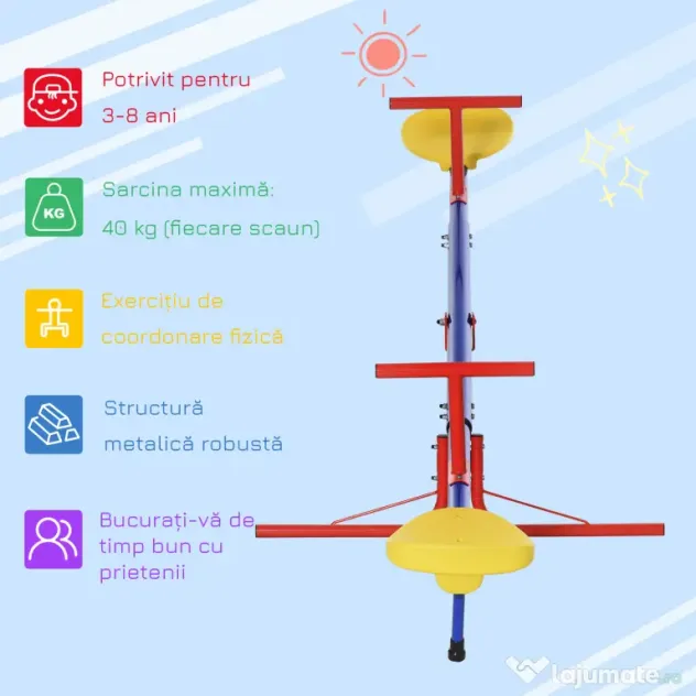 Leagan pentru Copii 3-8 ani Dublu Outsunny, Pivotant la 360° din Metal si PP, Multicolor 182x77x43cm | Aosom Romania