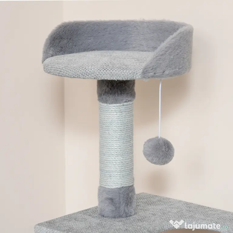 Ansamblu pentru pisici cu suprafata de zgariat, Casuta Scara Platforme, Stalpi din Sfoara din iuta, Gri, 60.5x40x124cm PawHut | Aosom Romania