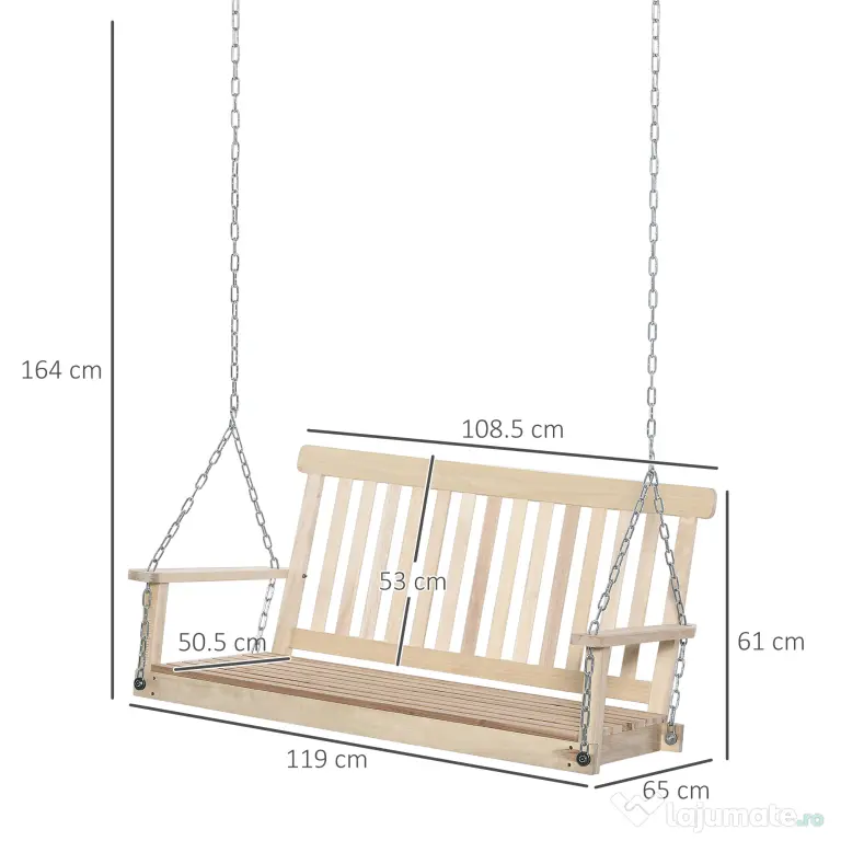 Outsunny Leagăn Suspendat din Lemn pentru 2 Persoane, Design Natural, Ideal pentru Grădină sau Terasă, 119x65x61 cm | Aosom Romania