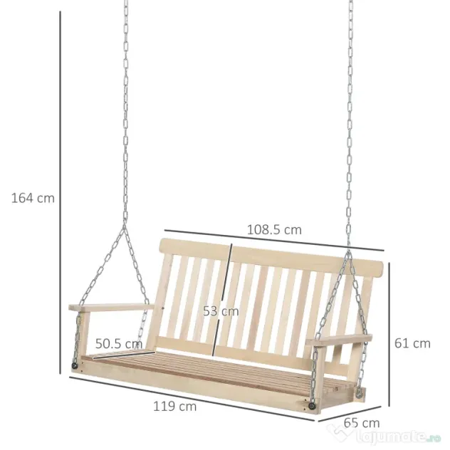 Outsunny Leagăn Suspendat din Lemn pentru 2 Persoane, Design Natural, Ideal pentru Grădină sau Terasă, 119x65x61 cm | Aosom Romania