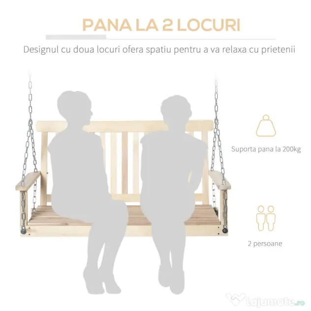 Outsunny Leagăn Suspendat din Lemn pentru 2 Persoane, Design Natural, Ideal pentru Grădină sau Terasă, 119x65x61 cm | Aosom Romania