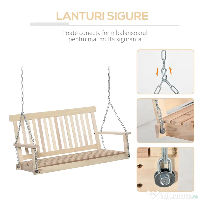 Outsunny Leagăn Suspendat din Lemn pentru 2 Persoane, Design Natural, Ideal pentru Grădină sau Terasă, 119x65x61 cm | Aosom Romania