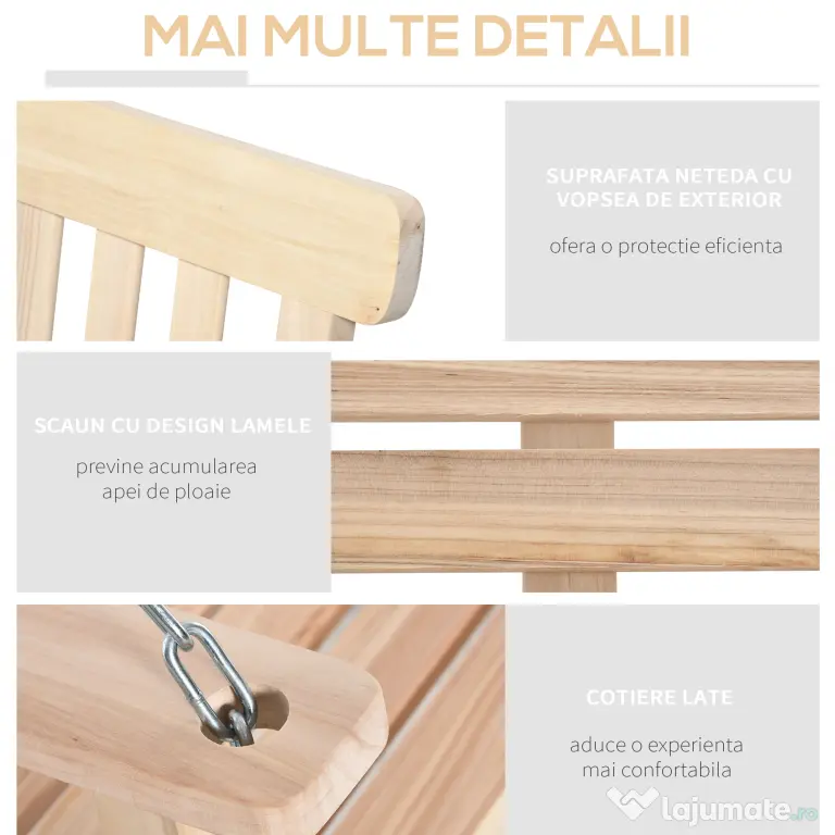 Outsunny Leagăn Suspendat din Lemn pentru 2 Persoane, Design Natural, Ideal pentru Grădină sau Terasă, 119x65x61 cm | Aosom Romania