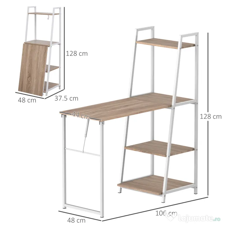 HOMCOM Birou cu Bibliotecă Integrată 3 Rafturi și Blat Pliabil Design Modern din Lemn și Metal pentru Acasă și Birou | Aosom Romania