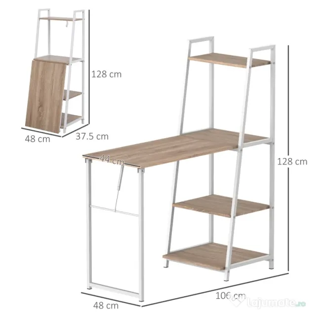 HOMCOM Birou cu Bibliotecă Integrată 3 Rafturi și Blat Pliabil Design Modern din Lemn și Metal pentru Acasă și Birou | Aosom Romania