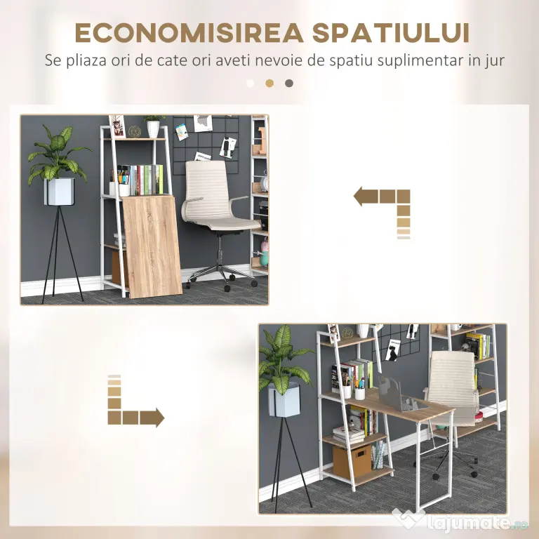 HOMCOM Birou cu Bibliotecă Integrată 3 Rafturi și Blat Pliabil Design Modern din Lemn și Metal pentru Acasă și Birou | Aosom Romania