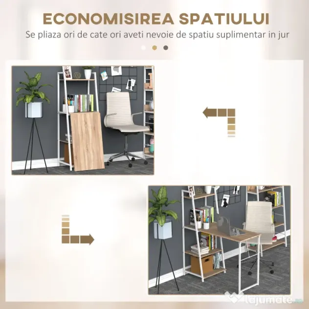 HOMCOM Birou cu Bibliotecă Integrată 3 Rafturi și Blat Pliabil Design Modern din Lemn și Metal pentru Acasă și Birou | Aosom Romania