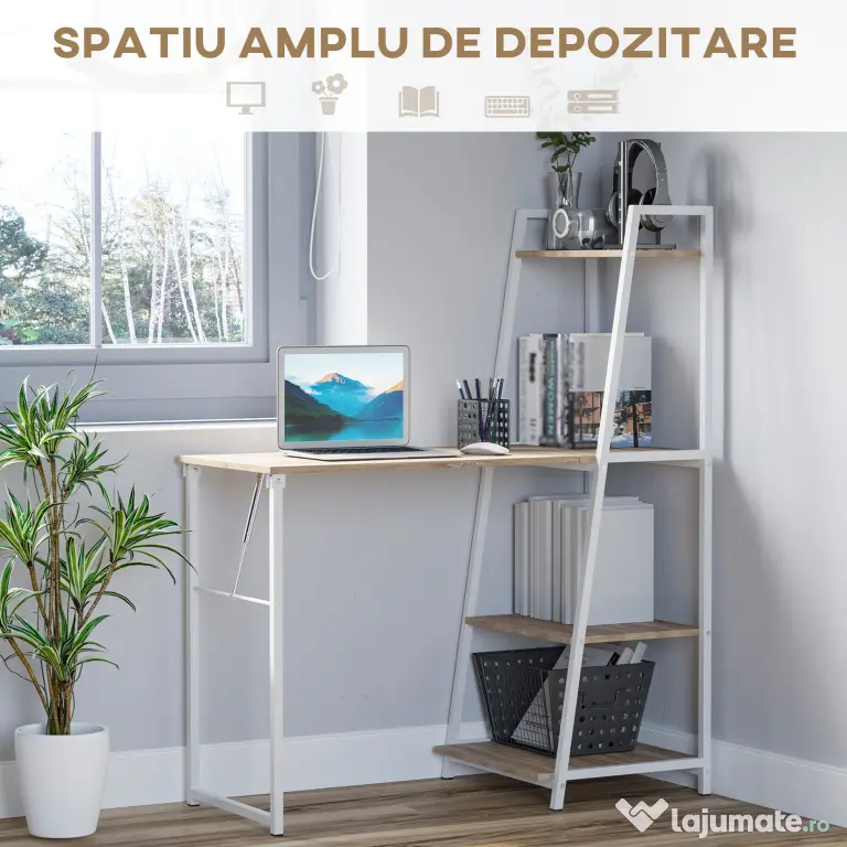 HOMCOM Birou cu Bibliotecă Integrată 3 Rafturi și Blat Pliabil Design Modern din Lemn și Metal pentru Acasă și Birou | Aosom Romania