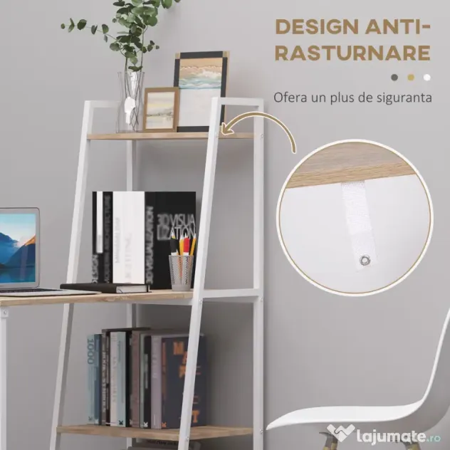 HOMCOM Birou cu Bibliotecă Integrată 3 Rafturi și Blat Pliabil Design Modern din Lemn și Metal pentru Acasă și Birou | Aosom Romania