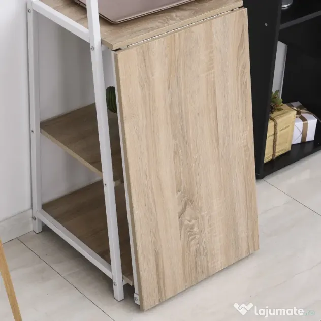 HOMCOM Birou cu Bibliotecă Integrată 3 Rafturi și Blat Pliabil Design Modern din Lemn și Metal pentru Acasă și Birou | Aosom Romania