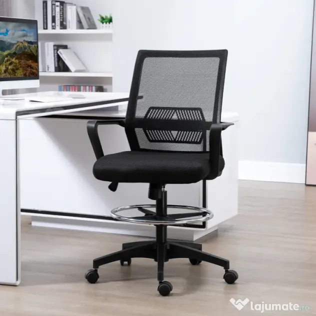 Vinsetto Scaun de Birou Reglabil pe Înălțime cu Suport pentru Picioare, Negru | Aosom Romania