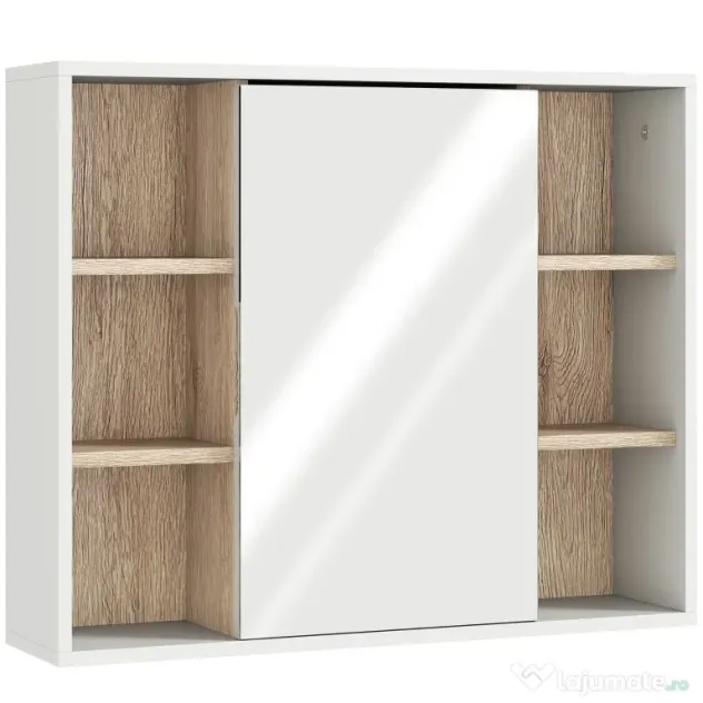 HOMCOM Dulap cu Oglinda din MDF si PAL, Dulap de Baie cu 3 Rafturi Laterale si Raft Interior Reglabil, 60x14.5x49.4 cm, Alb si Lemn Natur | Aosom RO