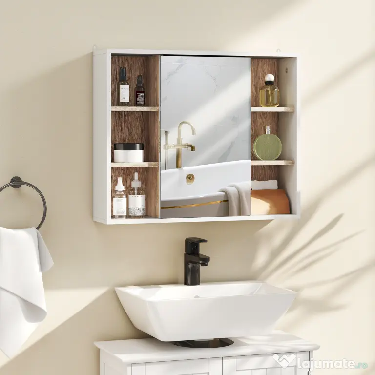 HOMCOM Dulap cu Oglinda din MDF si PAL, Dulap de Baie cu 3 Rafturi Laterale si Raft Interior Reglabil, 60x14.5x49.4 cm, Alb si Lemn Natur | Aosom RO