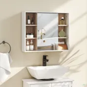 HOMCOM Dulap cu Oglinda din MDF si PAL, Dulap de Baie cu 3 Rafturi Laterale si Raft Interior Reglabil, 60x14.5x49.4 cm, Alb si Lemn Natur | Aosom RO