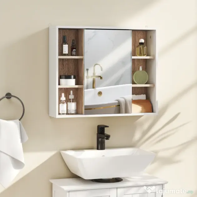 HOMCOM Dulap cu Oglinda din MDF si PAL, Dulap de Baie cu 3 Rafturi Laterale si Raft Interior Reglabil, 60x14.5x49.4 cm, Alb si Lemn Natur | Aosom RO