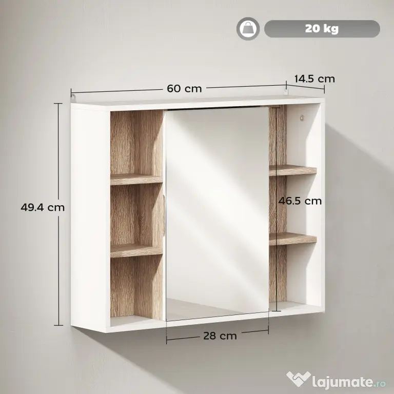 HOMCOM Dulap cu Oglinda din MDF si PAL, Dulap de Baie cu 3 Rafturi Laterale si Raft Interior Reglabil, 60x14.5x49.4 cm, Alb si Lemn Natur | Aosom RO