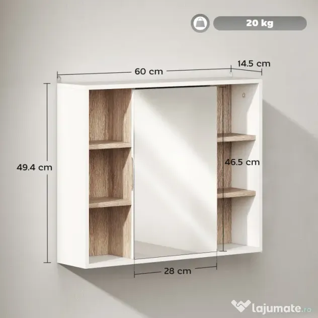 HOMCOM Dulap cu Oglinda din MDF si PAL, Dulap de Baie cu 3 Rafturi Laterale si Raft Interior Reglabil, 60x14.5x49.4 cm, Alb si Lemn Natur | Aosom RO