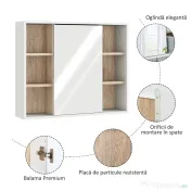 HOMCOM Dulap cu Oglinda din MDF si PAL, Dulap de Baie cu 3 Rafturi Laterale si Raft Interior Reglabil, 60x14.5x49.4 cm, Alb si Lemn Natur | Aosom RO