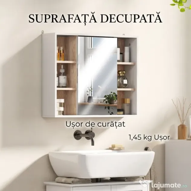 HOMCOM Dulap cu Oglinda din MDF si PAL, Dulap de Baie cu 3 Rafturi Laterale si Raft Interior Reglabil, 60x14.5x49.4 cm, Alb si Lemn Natur | Aosom RO