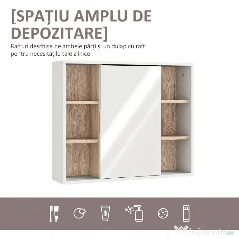 HOMCOM Dulap cu Oglinda din MDF si PAL, Dulap de Baie cu 3 Rafturi Laterale si Raft Interior Reglabil, 60x14.5x49.4 cm, Alb si Lemn Natur | Aosom RO