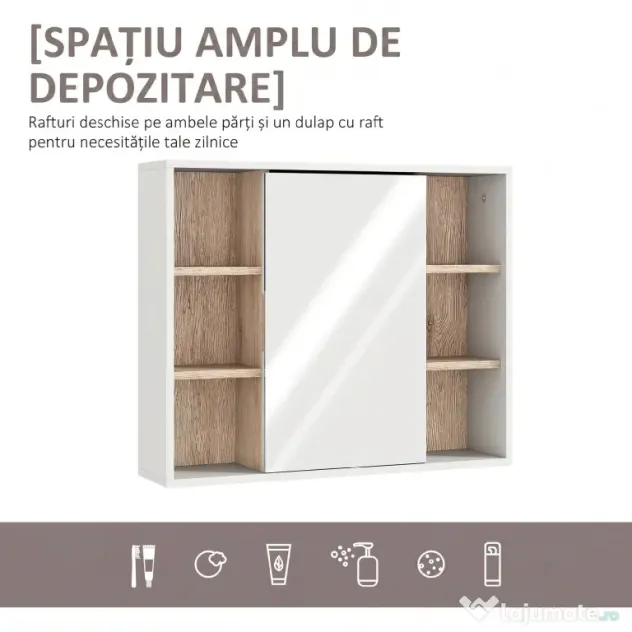 HOMCOM Dulap cu Oglinda din MDF si PAL, Dulap de Baie cu 3 Rafturi Laterale si Raft Interior Reglabil, 60x14.5x49.4 cm, Alb si Lemn Natur | Aosom RO