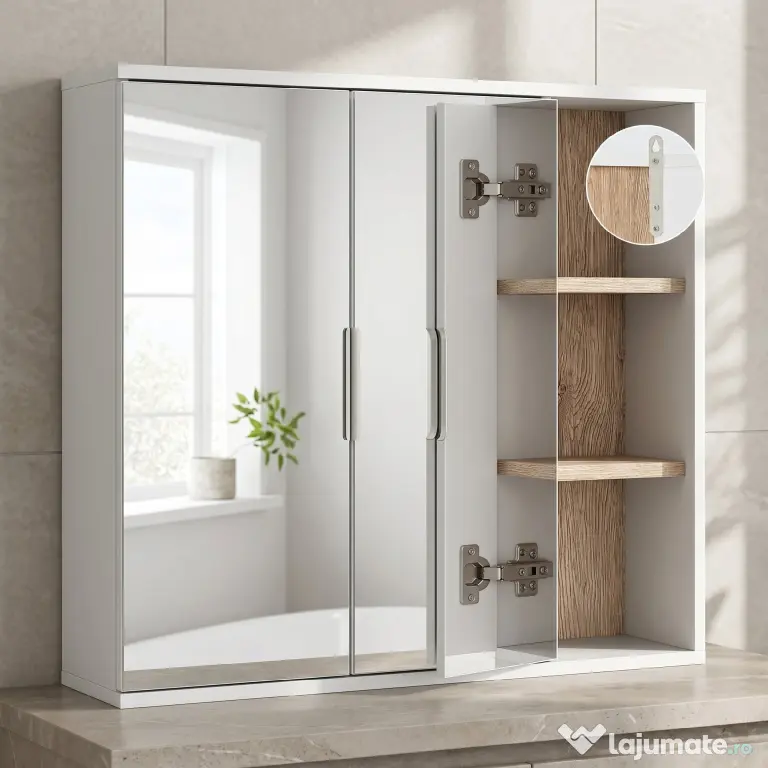 HOMCOM Dulap cu Oglinda din MDF si PAL, Dulap de Baie cu 3 Rafturi Laterale si Raft Interior Reglabil, 60x14.5x49.4 cm, Alb si Lemn Natur | Aosom RO
