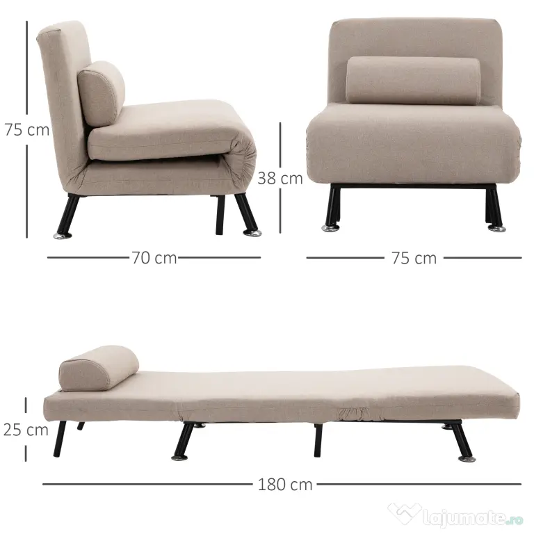 Fotoliu pat extensibil HOMCOM O Persoana cu Saltea si Perna Captusita, Cadru din Metal, Bej | Aosom Romania