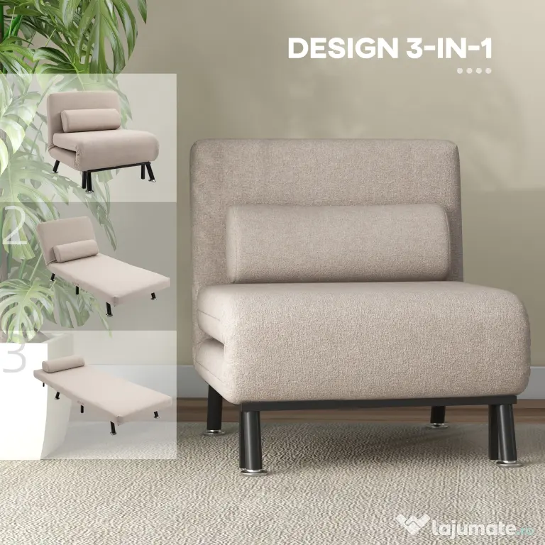 Fotoliu pat extensibil HOMCOM O Persoana cu Saltea si Perna Captusita, Cadru din Metal, Bej | Aosom Romania