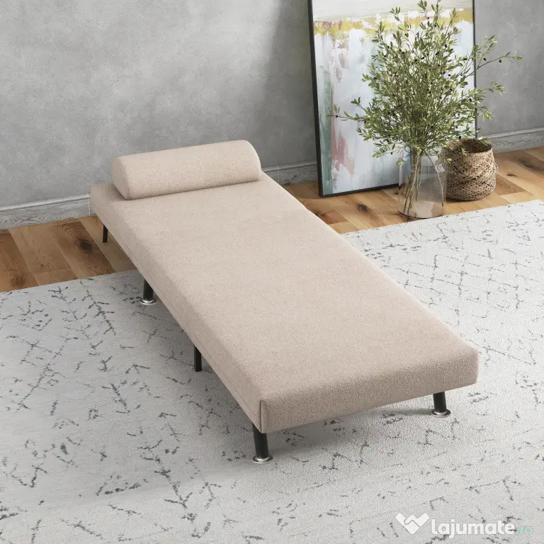 Fotoliu pat extensibil HOMCOM O Persoana cu Saltea si Perna Captusita, Cadru din Metal, Bej | Aosom Romania