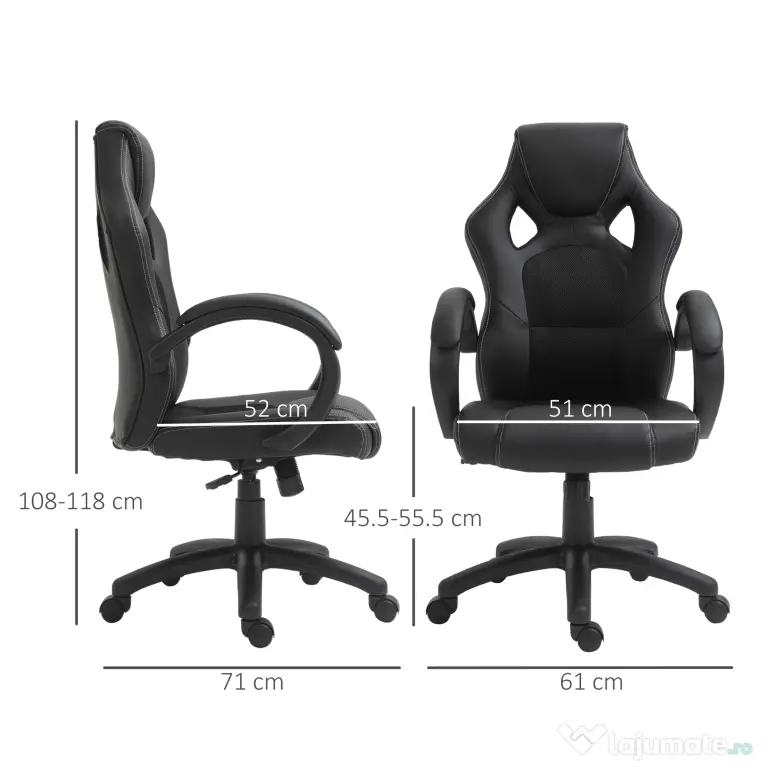 HOMCOM Scaun pentru birou, cu roti rotative la 360°, scaun gaming, inaltimea reglabila, Negru | Aosom Romania