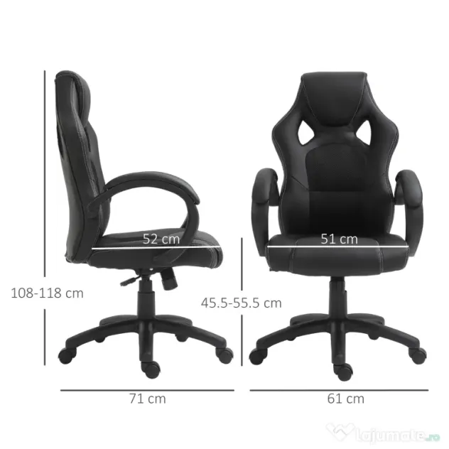 HOMCOM Scaun pentru birou, cu roti rotative la 360°, scaun gaming, inaltimea reglabila, Negru | Aosom Romania